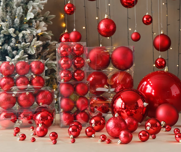 晶华造花红色圣诞球3cm-25cm圣诞球哑光亮光球圣诞树圣诞花环挂件
